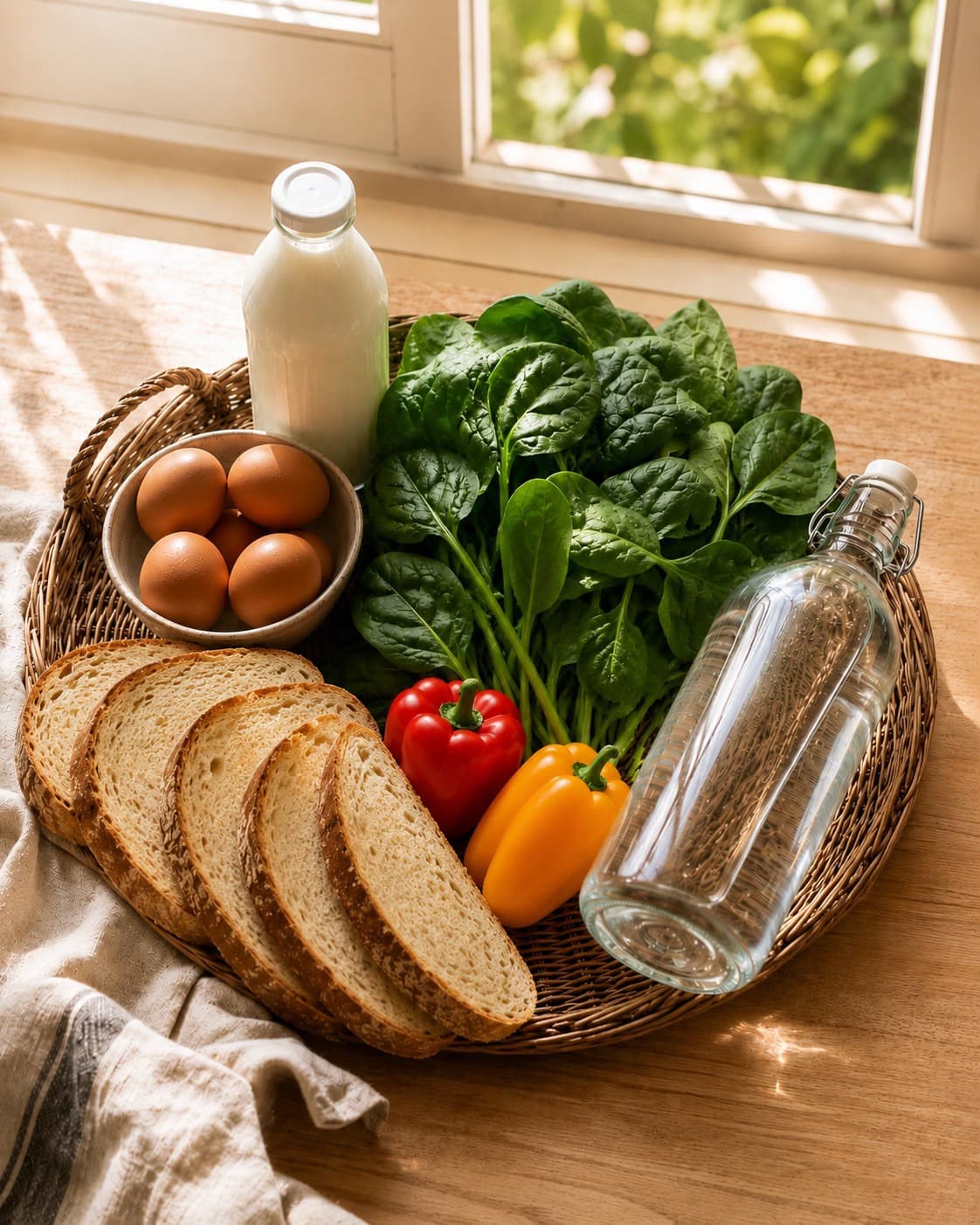 The Garden Veg pack in a wicker basket by a sunlit window: sliced fresh bread, free-range eggs, baby spinach, red and yellow peppers, milk and a bottle of still water.